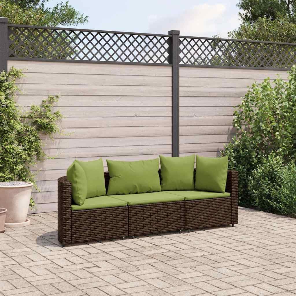 Modern 3 Piece Patio Sofa Set, Brown Synthetic Poly Rattan Outdoor Furniture with Cushions, Modular Garden Balcony Terrace Seating