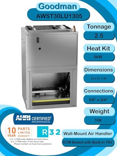 Goodman 2.5 TON 15.2 SEER2 R-32 AC Only System and Front return air handler with 5kW heat kit (GLXS4BA3010 condenser and AWST30LU1305 air handler)