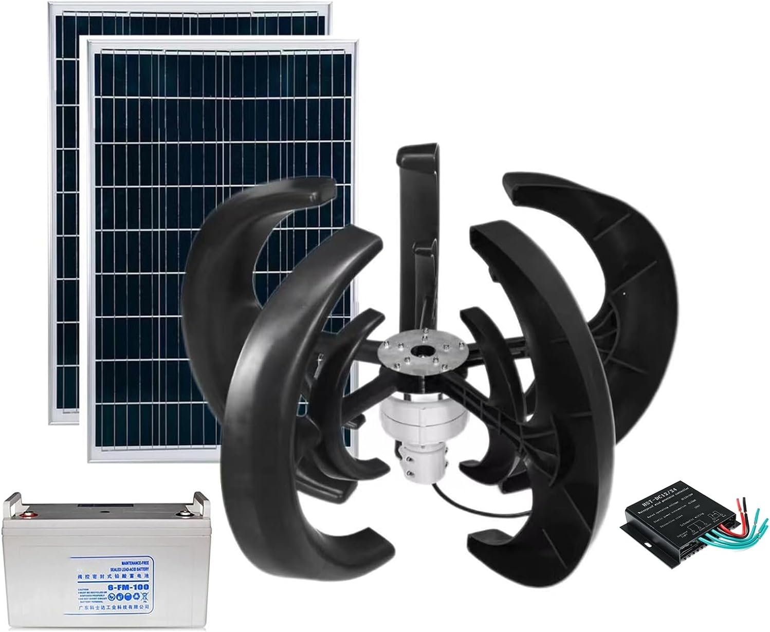 12V/24V 2000W Wind Turbine Kit 5-blade Lantern Wind Turbine With Controller + 100W*2 Solar Panels + Battery For RV, Boat, Home Power Generation, Etc. (Color : 12V)