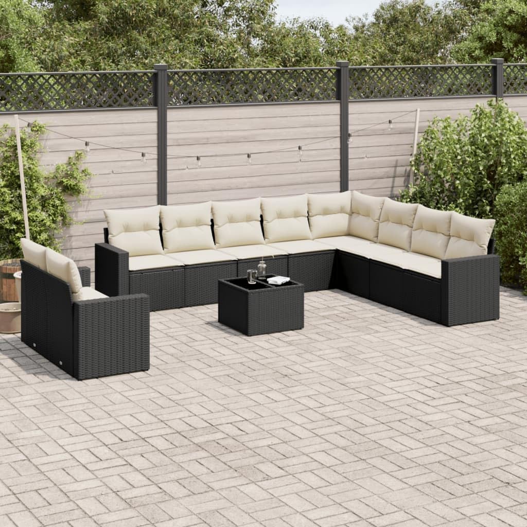 Garden Sofa Set Black, Cream White PE Rattan, Large Modular Patio Furniture Set for 10 People, Outdoor Table and Chairs Included