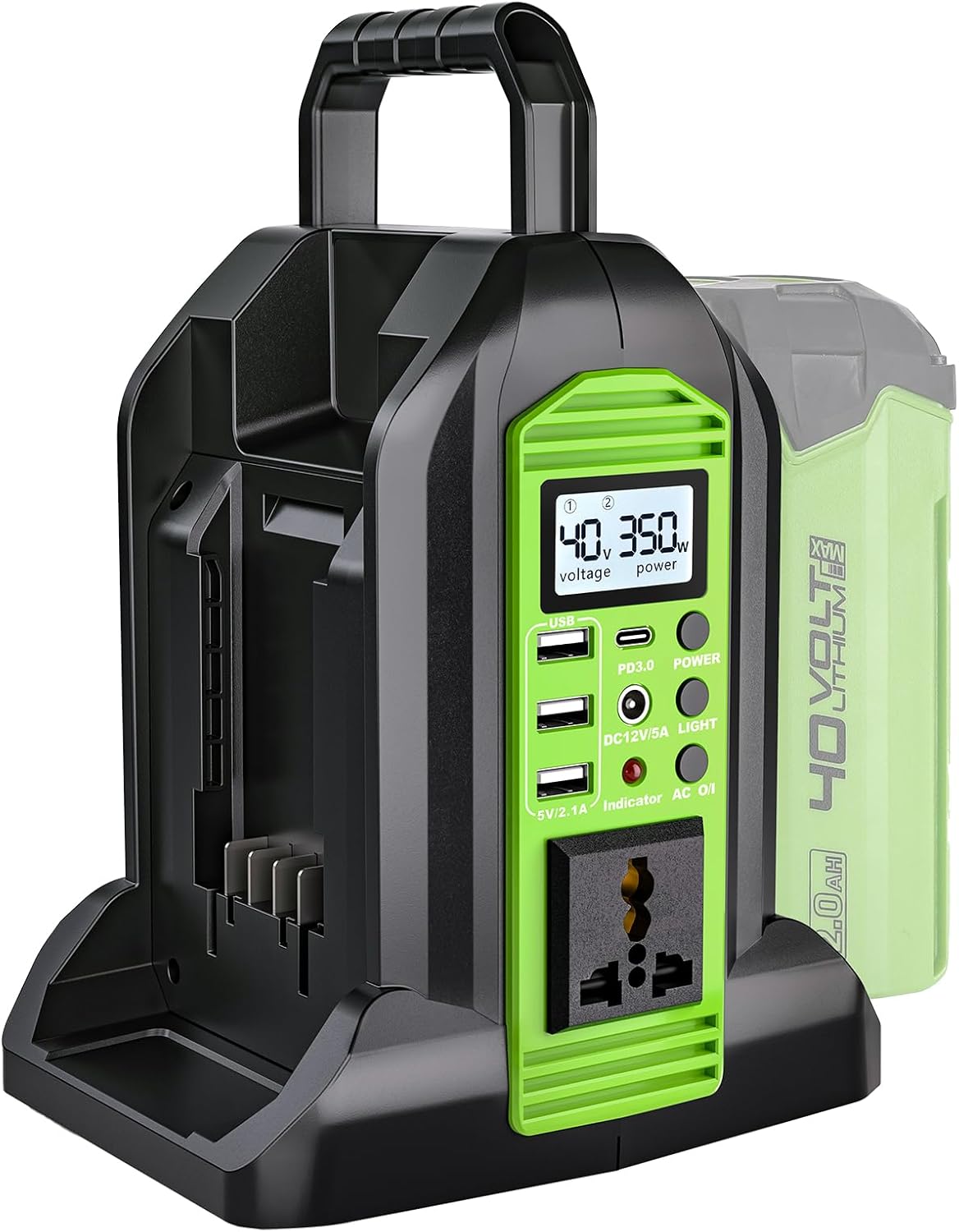 Power Inverter for Greenworks 40V Battery, 350W 2-Port DC 40V to AC 120V Portable Battery Converter with LED Light, 6 Output Ports, LCD Display for RV Camping, Emergency, Power Outages