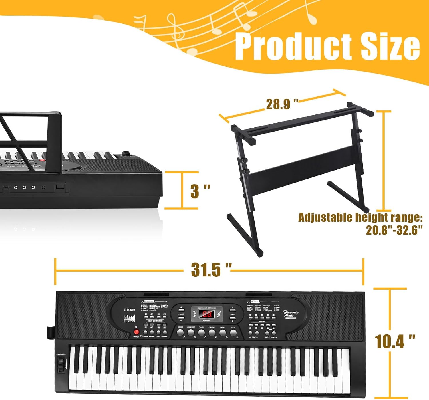 61 Key Keyboard Piano with Stand, Portable Electric Piano Keyboard Kit for Beginners with Stand, Microphone,Note Stickers, Music Rest, Digital Music Keyboard Built-In Speakers