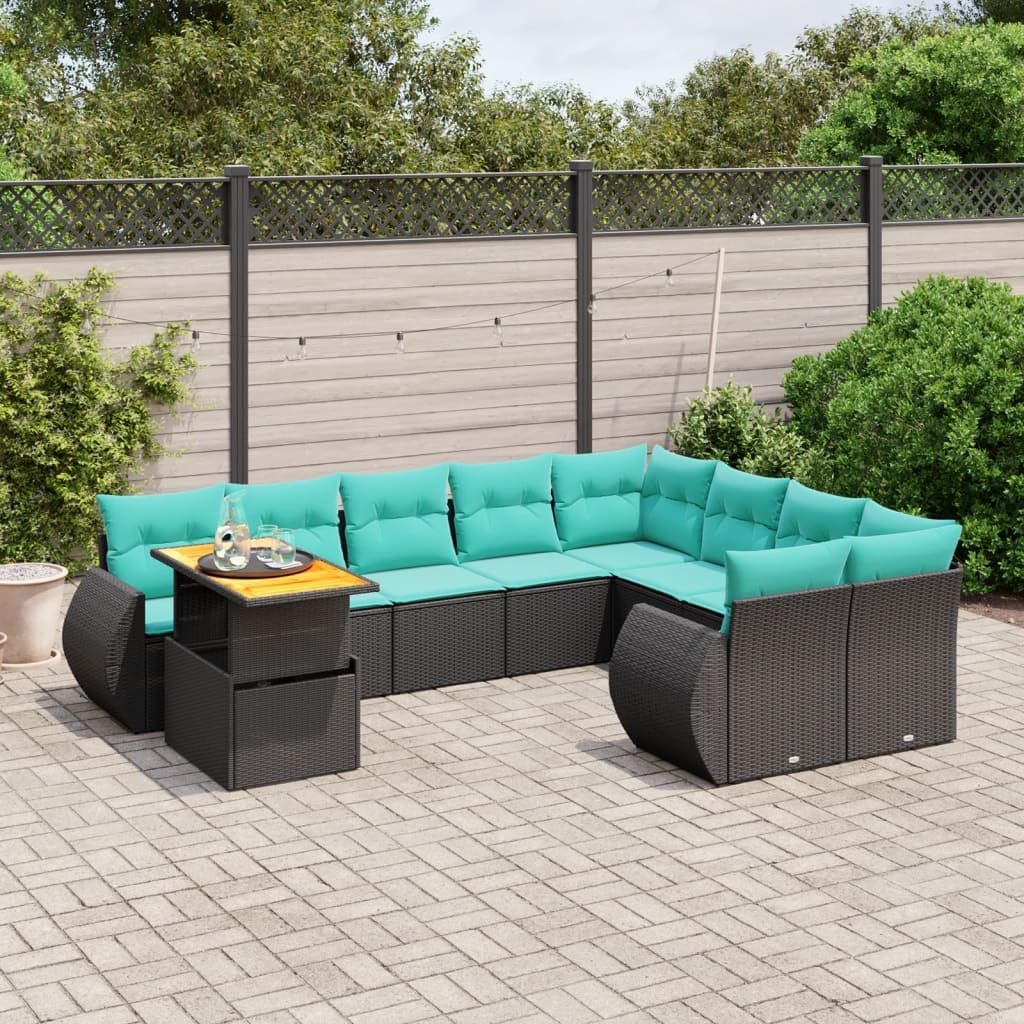 10 Piece Patio Sofa Set with Cushions, Black Poly Rattan Outdoor Furniture with Adjustable Table, UV-Proof for Garden, Balcony