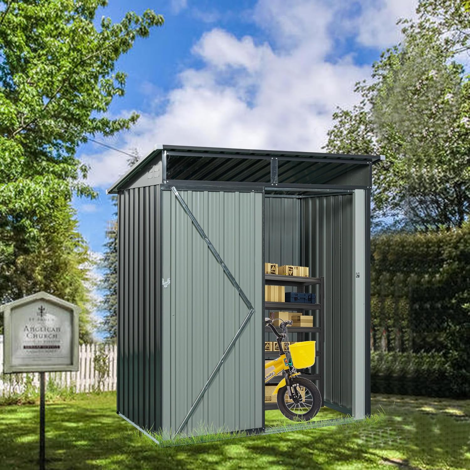 Favfurish 5 x 3 FT Outdoor Storage Shed, Metal Versatile Garden Shed with Lockable Door, Transparent Plate, Air Vents, Waterproof Storage House Tool Shed for Backyard Patio Lawn, Black