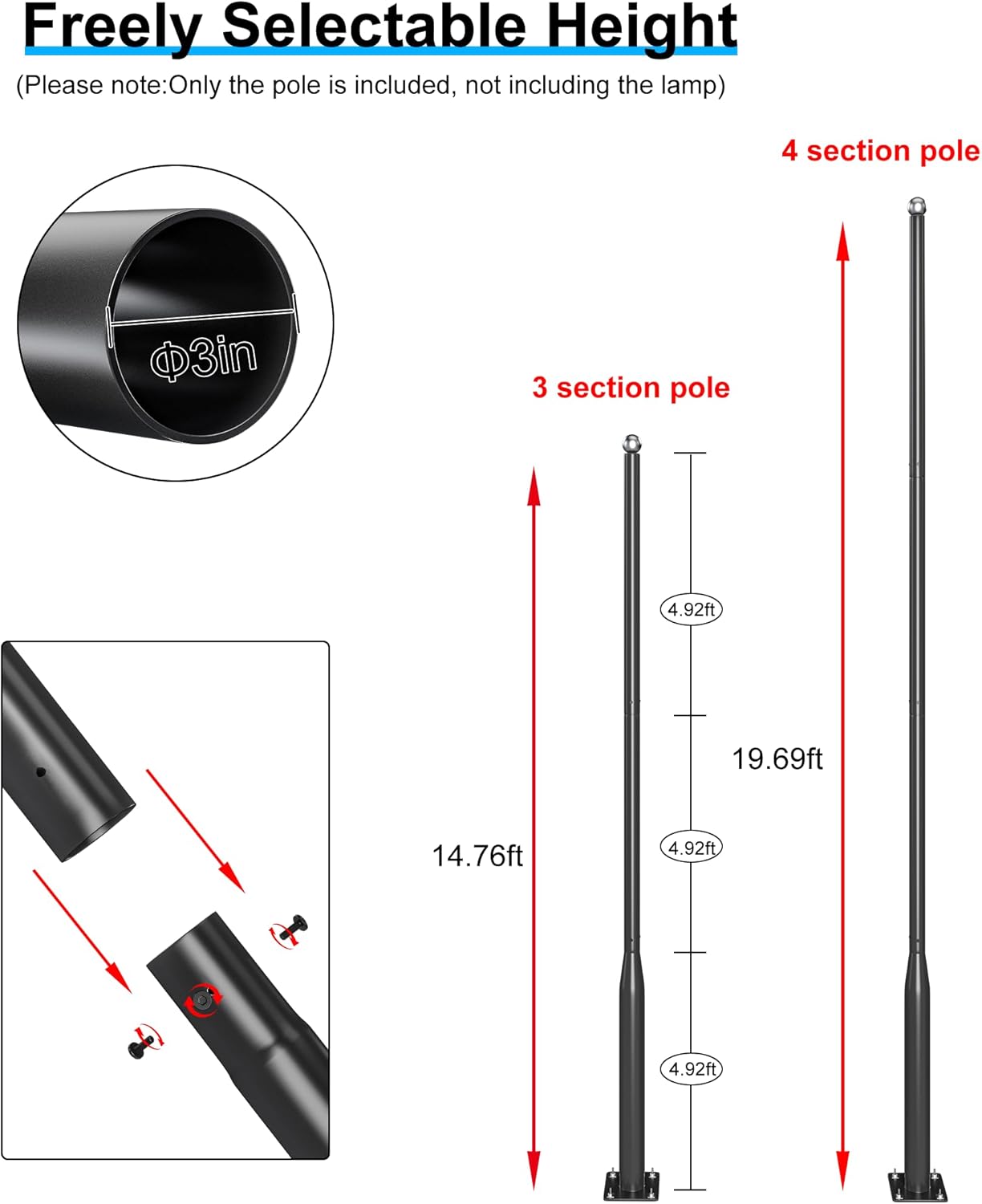 JAYNLT 19Ft Tall Street Light Pole -Heavy -Duty Metal Street Lamp Post for Solar Street Lights with Mounting Rebar Cage Base Accessory for Parking, Yard,Farm(Light not Included