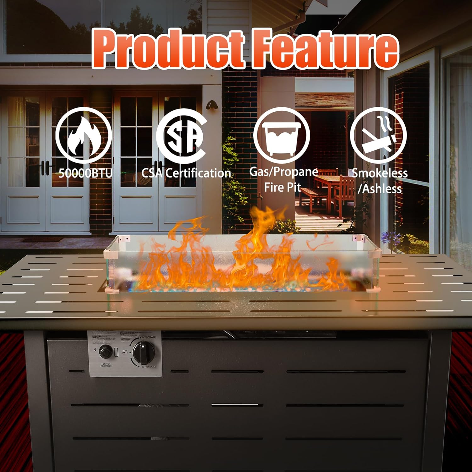 43 Inch Propane Fire Pits, Fire Pit Table, 50,000 BTU Outdoor Gas Fire Pit Included Glass Wind Guard, Steel Lid and Lava Rocks for Patio Garden, Black