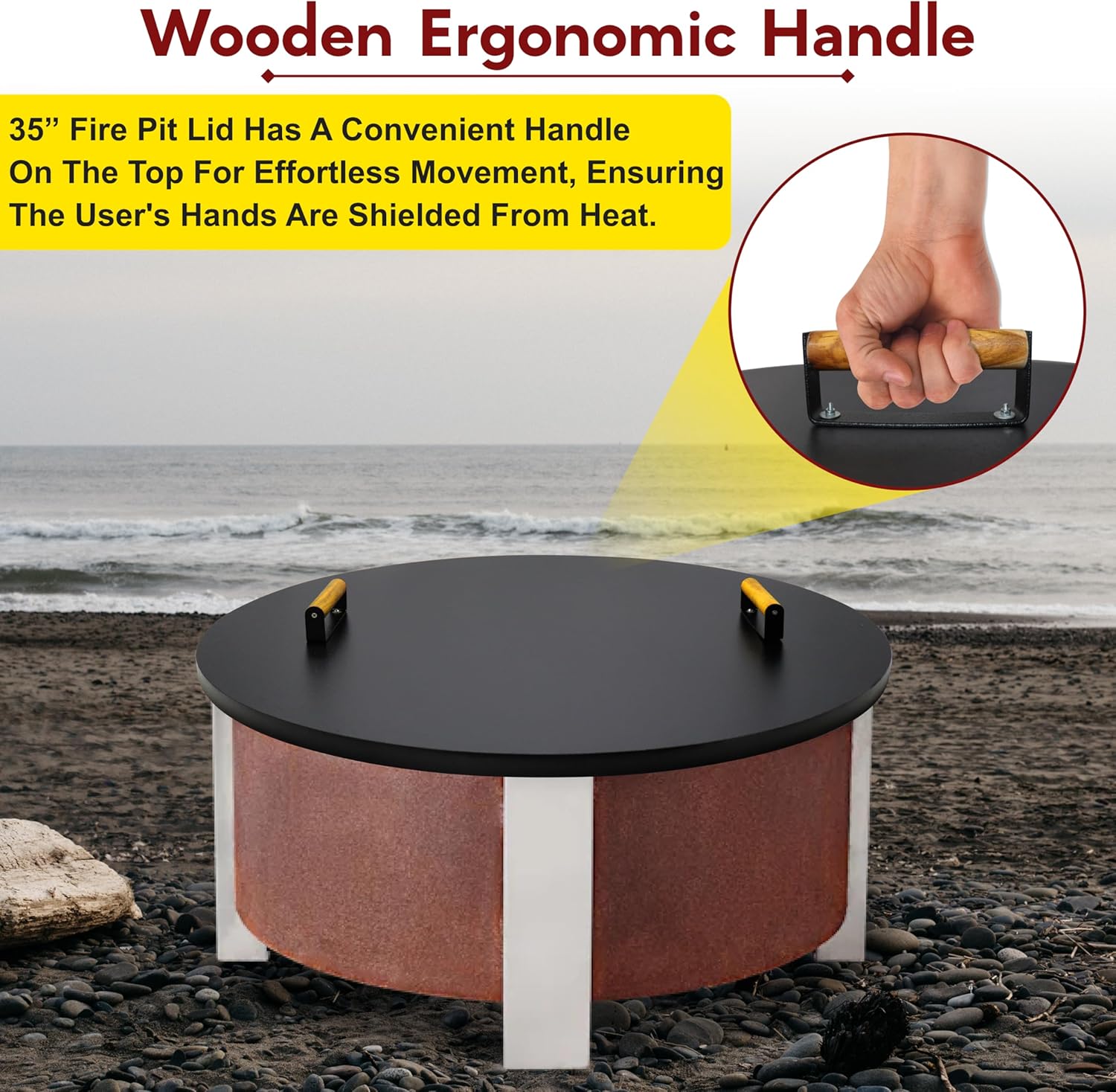 FEBTECH Solid Fire Pit Lid 35” - Fit for 34.5 Inch Smokeless Fire Pit - Carbon Steel Fire Pit Lid with Dual Wooden Handles & Powder Coating - Reliable Use as Garden Decor Fire Pit lid Accessories