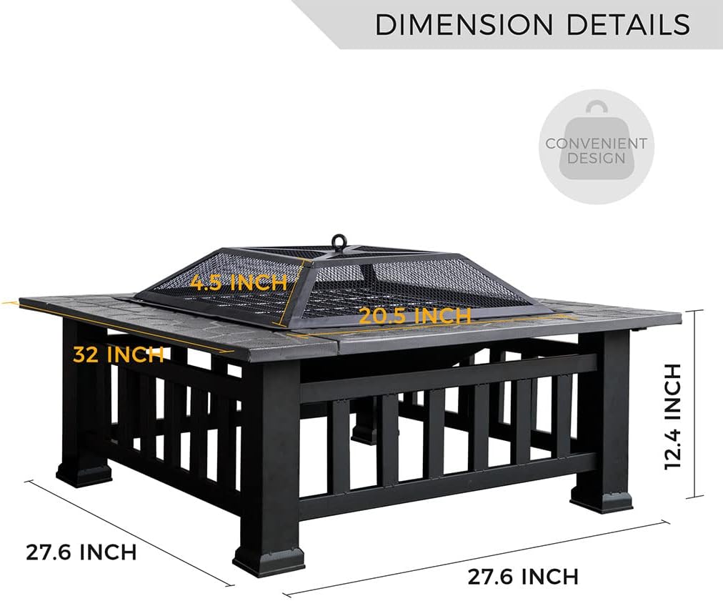32'' Propane Fire Pit Table, Heavy Duty 3 in 1 Metal 40,000 BTU Square Patio Firepit Table Heating Gas Fireplaces ​Outdoor Heaters for Garden, Patio, Backyard (Black)