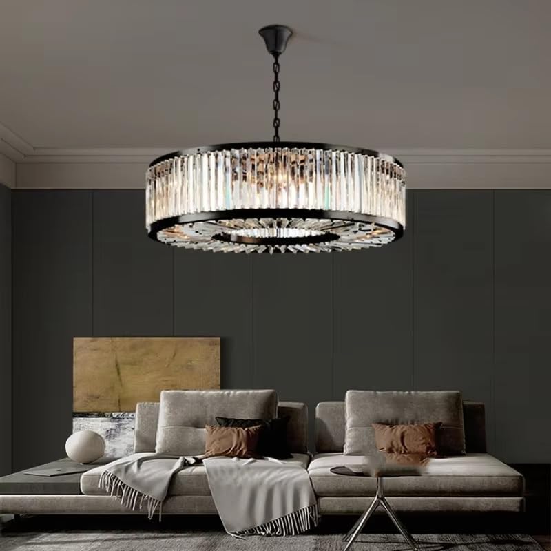 Led Retro American Black Round Crystal Hanging Lamps Chandelier Lighting Lustre for Living Room,Dining Light Fixtures