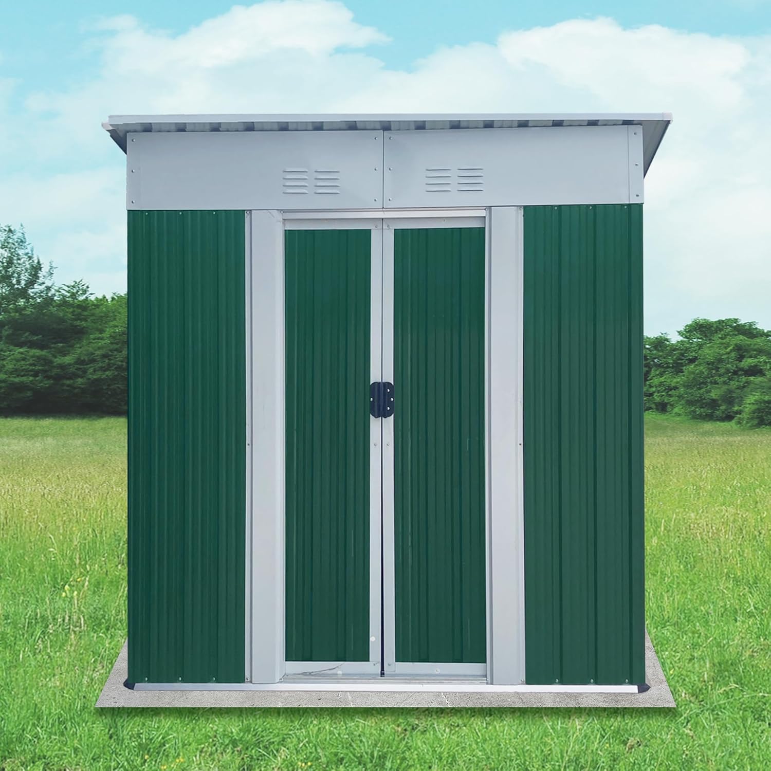 KEIKI 5x3 FT Outdoor Storage Shed – Waterproof Galvanized Steel Garden Shed with Lockable Sliding Door & Aluminum Alloy Frame, Pent Roof Design for Backyard, Patio, Lawn (Green & White)