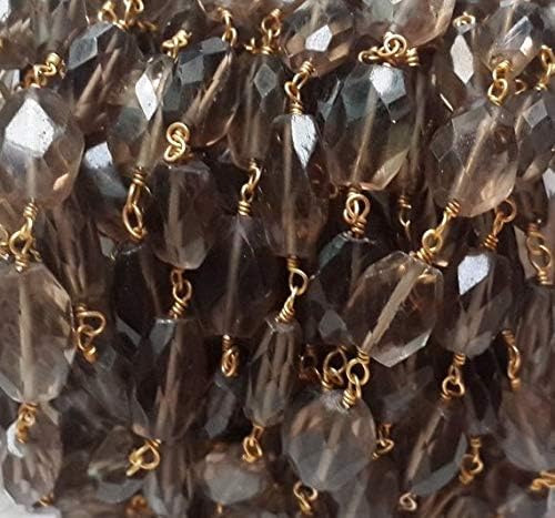 JEWELZ 5 feet natural smoky quartz faceted oval beaded chain - 24k gold plated wire wrapped chain - faceted rosary beaded chain 3-4mm