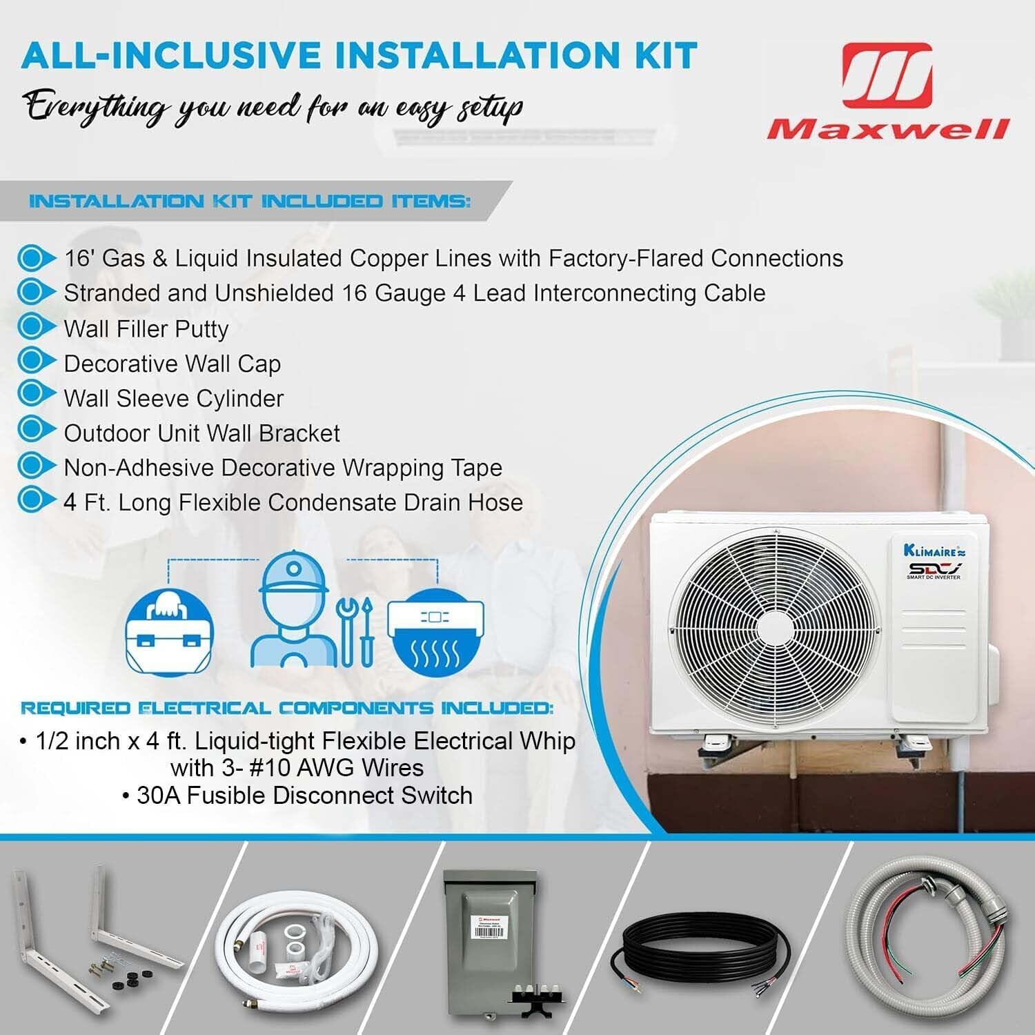 Klimaire 12,000 BTU 21.4 SEER2 Ductless Mini-Split Inverter Air Conditioner Heat Pump System with All-Inclusive 16' Installation Kit, Wall Bracket, Electrical Disconnect Box & Liquid-Tight Whip (230V)
