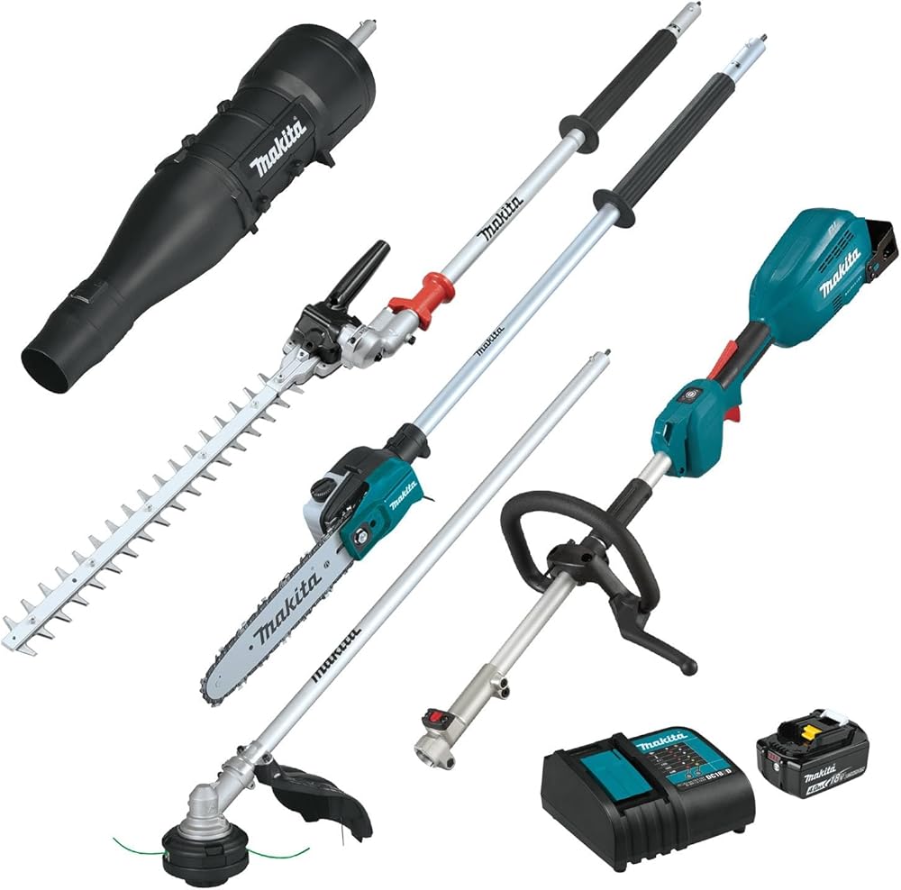 Makita XUX02SM1X6 18V LXT® Brushless Couple Shaft Power Head Kit w/String Trimmer, Pole Saw, Art. Hedge Trimmer & Blower Attachments (4.0Ah)