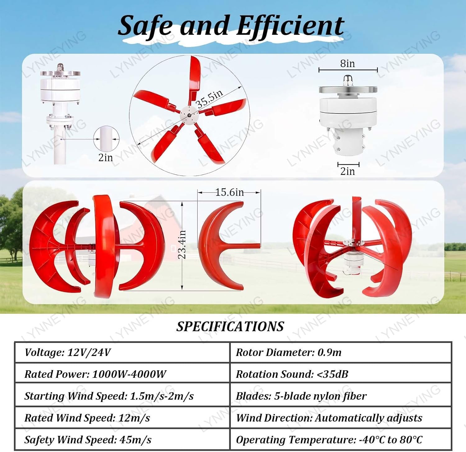 12V/24V Wind Tur-Bine for Off-Grid Home, 5-Blade Generator Kit with 2000W Inverter, Lantern-Type, Low Noise, High Efficiency for Home, Camping, Marine Applications(DC,3000W24V)