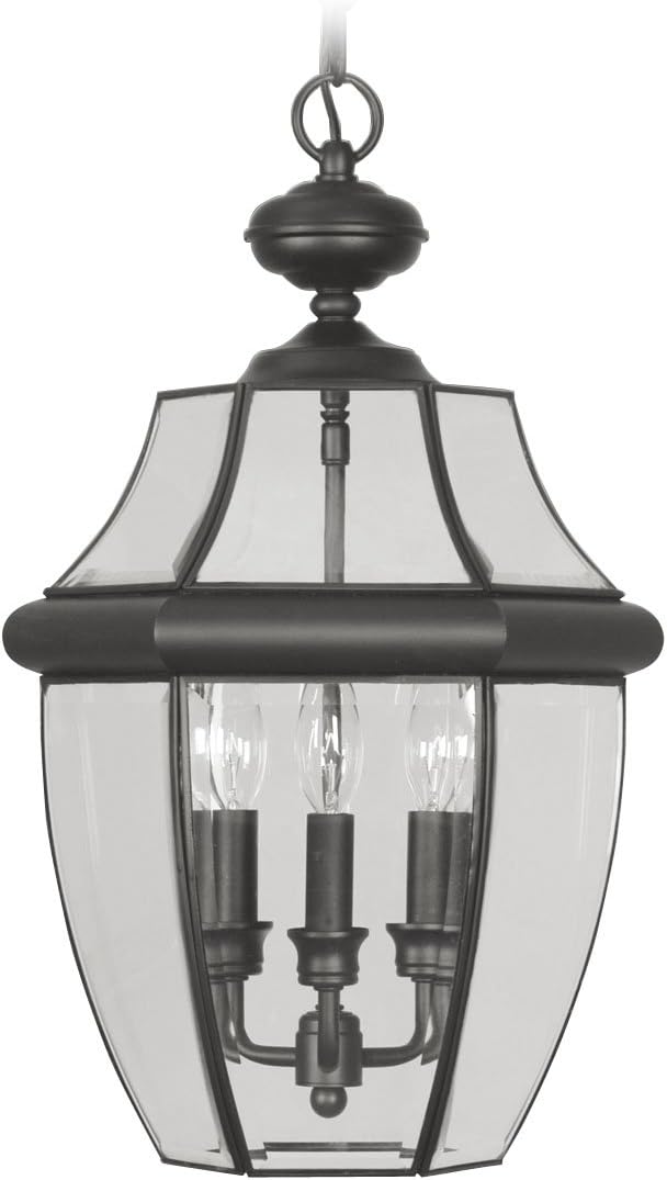 Livex Lighting 2355-04 Monterey 3 Light Outdoor Black Finish Solid Brass Hanging Lantern with Clear Beveled Glass