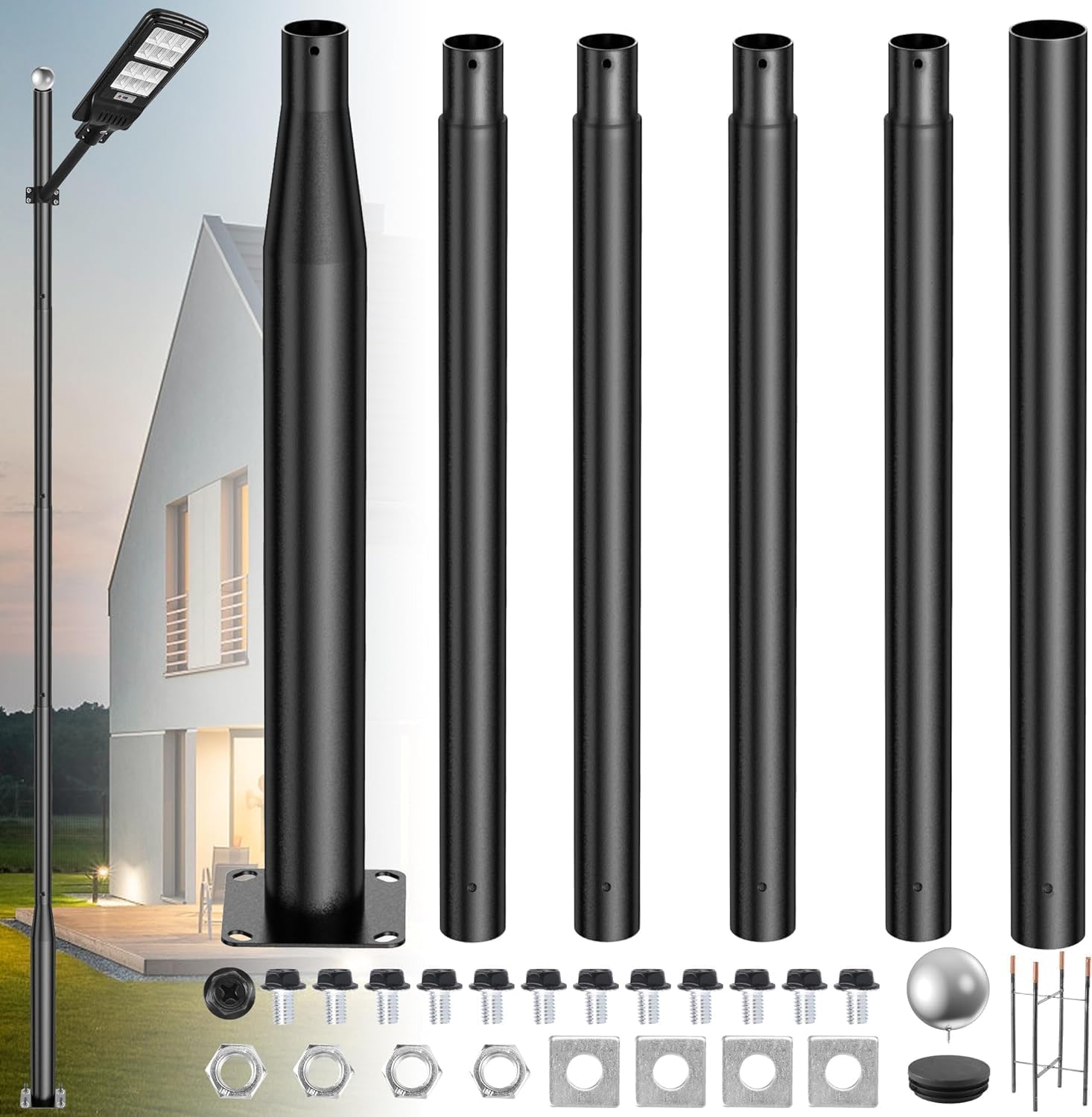 20ft Tall Street Light Pole, Street Lamp Post for Outdoor Lights with Base, Solar Street Light Pole Accessory for Backyard, Street, Patio,Park,Parking Lots, Exterior House (20f t)