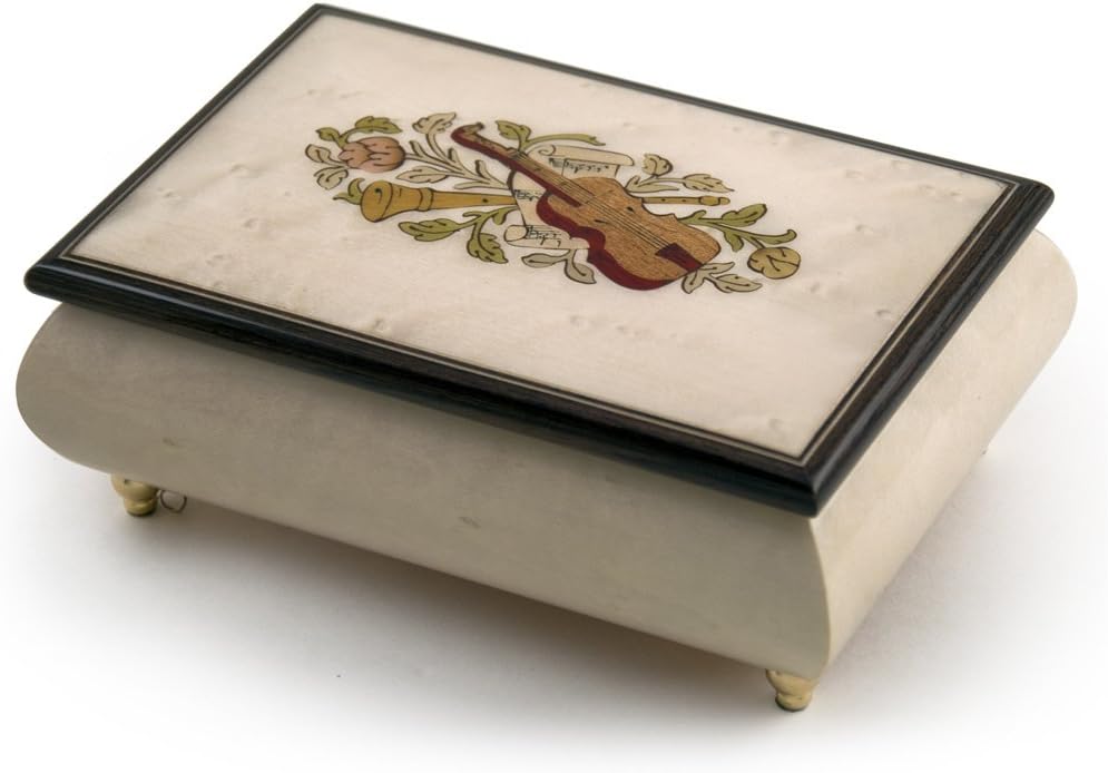 Incredible Ivory Italian Music Box with Violin and Floral Inlay - Many Songs to Choose - Deck The Halls