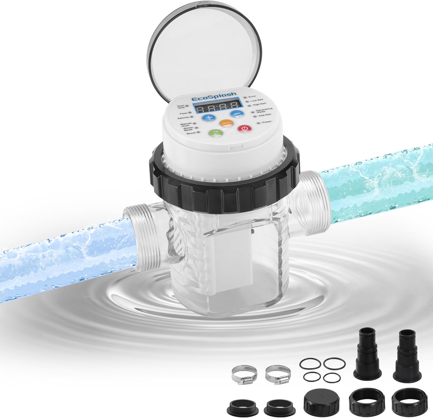 Automatic Saltwater Chlorinator for Above-Ground Pools – High-Efficiency Pool Salt Water Chlorination System up to 15,000 Gallons with Self-Cleaning Cell, Adapter and Test Strip