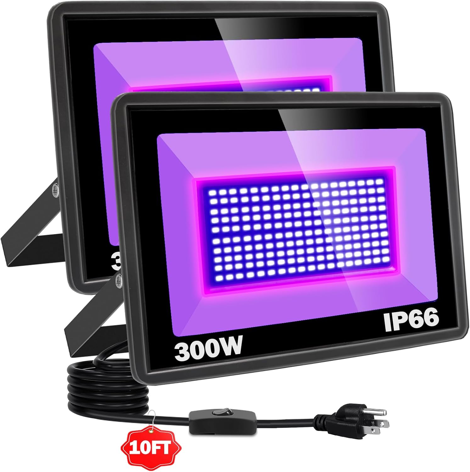 2 Pack 300W LED Black Light, IP66 Waterproof Outdoor Blacklight Flood Light Spotlight with Plug, Switch, Cord for Neon Glow Party Fluorescent Poster Body Paint Stage Lighting Halloween Decor