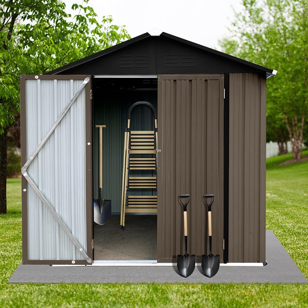 Storage Shed 4ftx6ft Metal Utility Tool Shed with Double Swing Doors Lock for Lawn Garden Camping Patio Brown + Black One Size