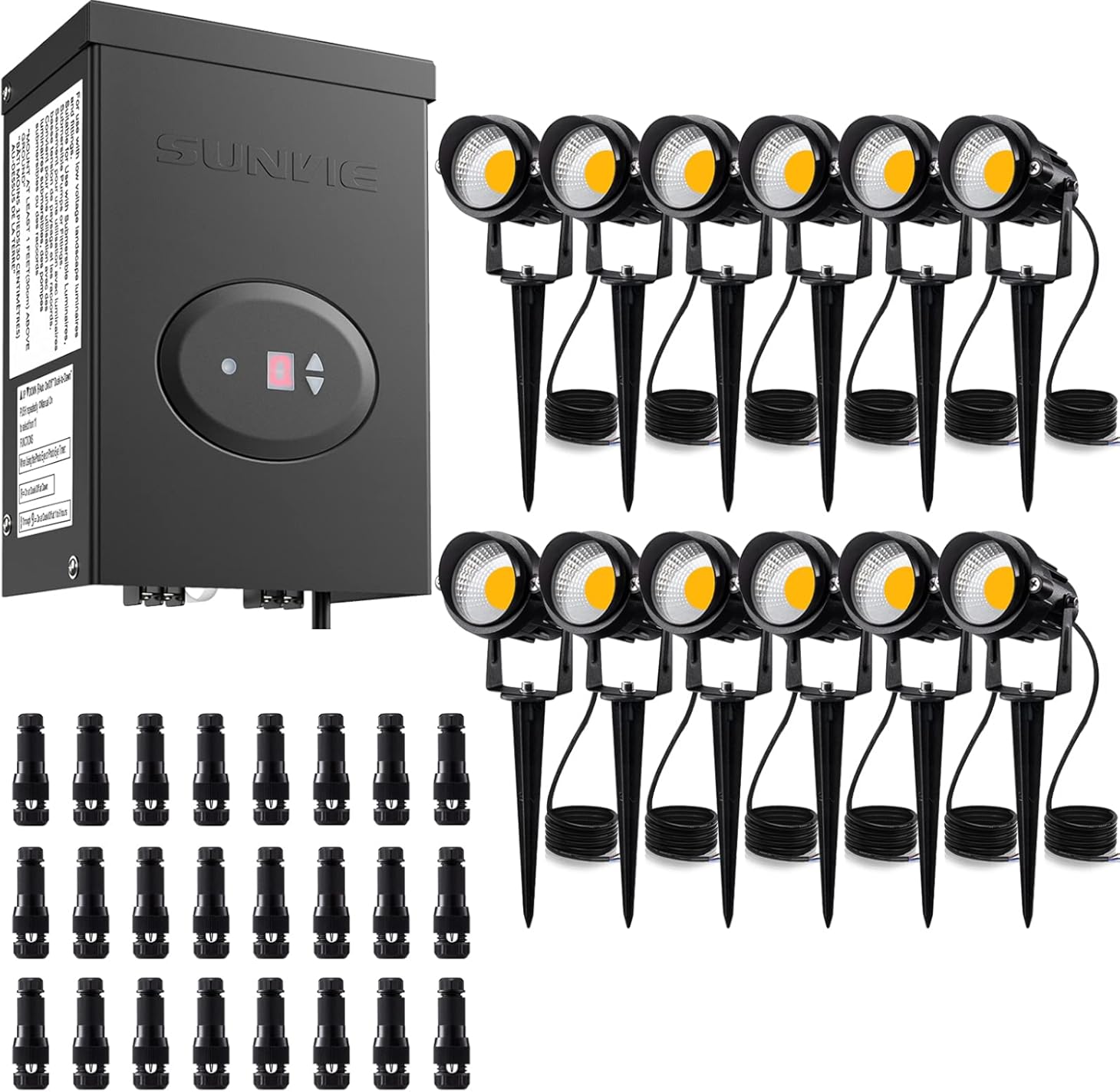 SUNVIE 12 Pack 12W Low Voltage Landscape Lights with Transformer and Connectors 12-24V Outdoor Landscape Lighting, 200W Landscape Lighting Transformers with Timer and Photocell Sensor ETL Listed