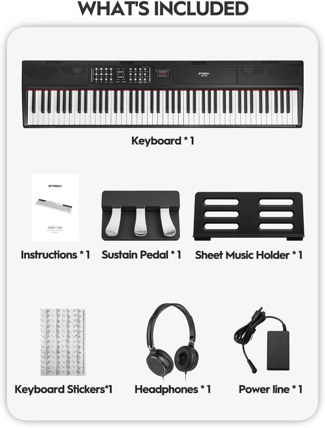 STRICH 88 Keys Weighted Keyboard with Sustain Pedal, Hammer-Action Digital Piano, 2x15W Built-In Speakers, Full-size Electric Piano Keyboard Supports USB-MIDI/Wireless Connect, SDP-120