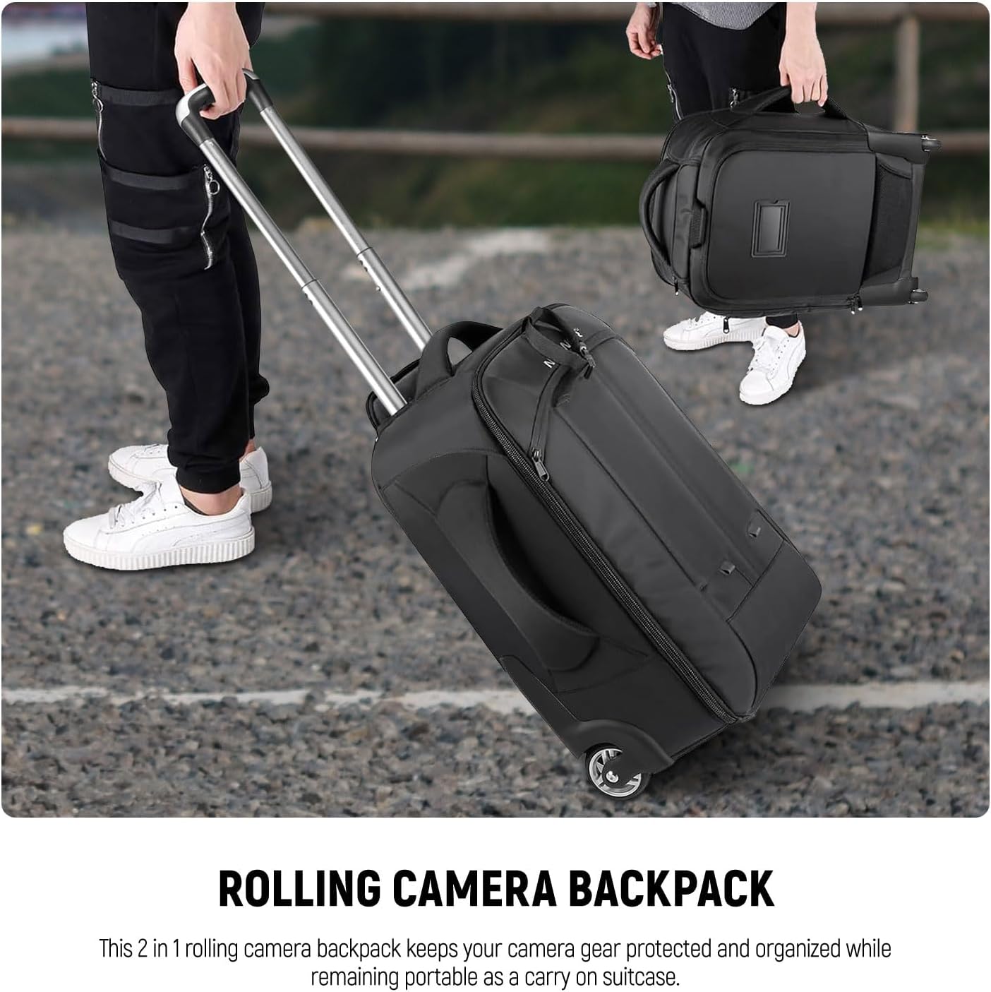 Neewer 2-in-1 Convertible Wheeled Camera Backpack, Rolling Luggage Case with Telescopic Handle and Anti-Shock Dividers for DSLR Cameras, Lenses, Hoods, Strobes, Tripod, and Other Accessories