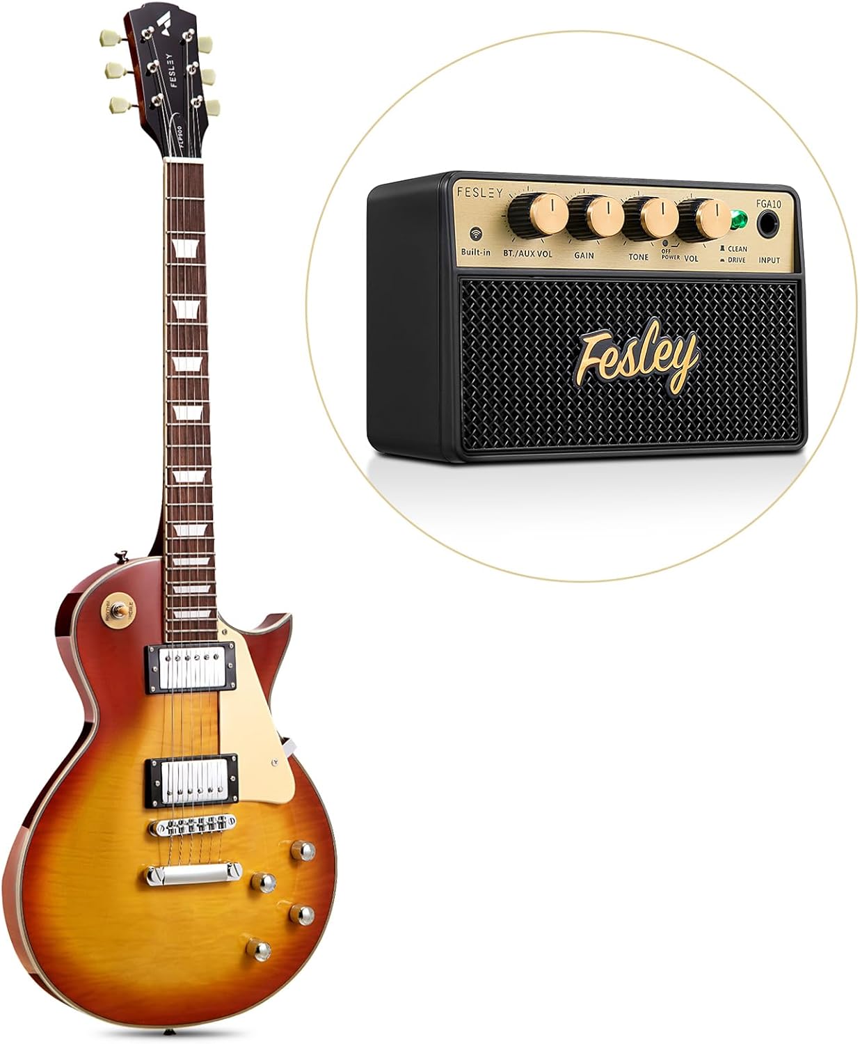 Fesley LP Electric Guitar with Arched Top Sunburst+ Fesley Mini Guitar Amp 10W Portable Recharged Guitar Amplifier