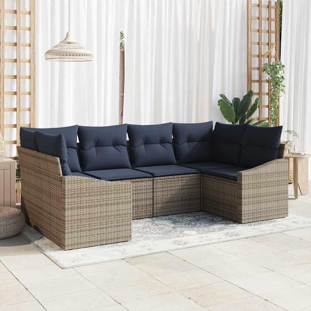 Modern Outdoor Sofa Set with Removable Cushions 6 pcs Grey Poly Rattan Adjustable Tabletop Waterproof Storage Bag Durable Furniture for Patio Garden Relaxation