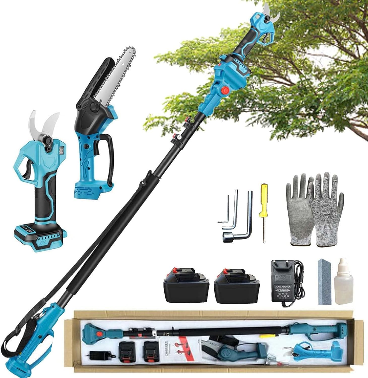 4-IN-1Cordless Pole Saw 8 Inch& Electric Pruning Shears,Brushless Mini Chainsaw with 125-220 cm Extension Pole, with 2Pcs 13000mAh Battery, Multi-Angle for Tree Branches Trimming