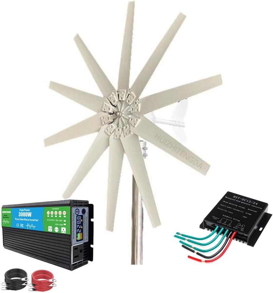 3000W New Energy Horizontal Wind Turbine Generator, 12V 24V 48V with 10 Blades MPPT Controller Small Wind Turbine for Home Factory Use (Low Noise)