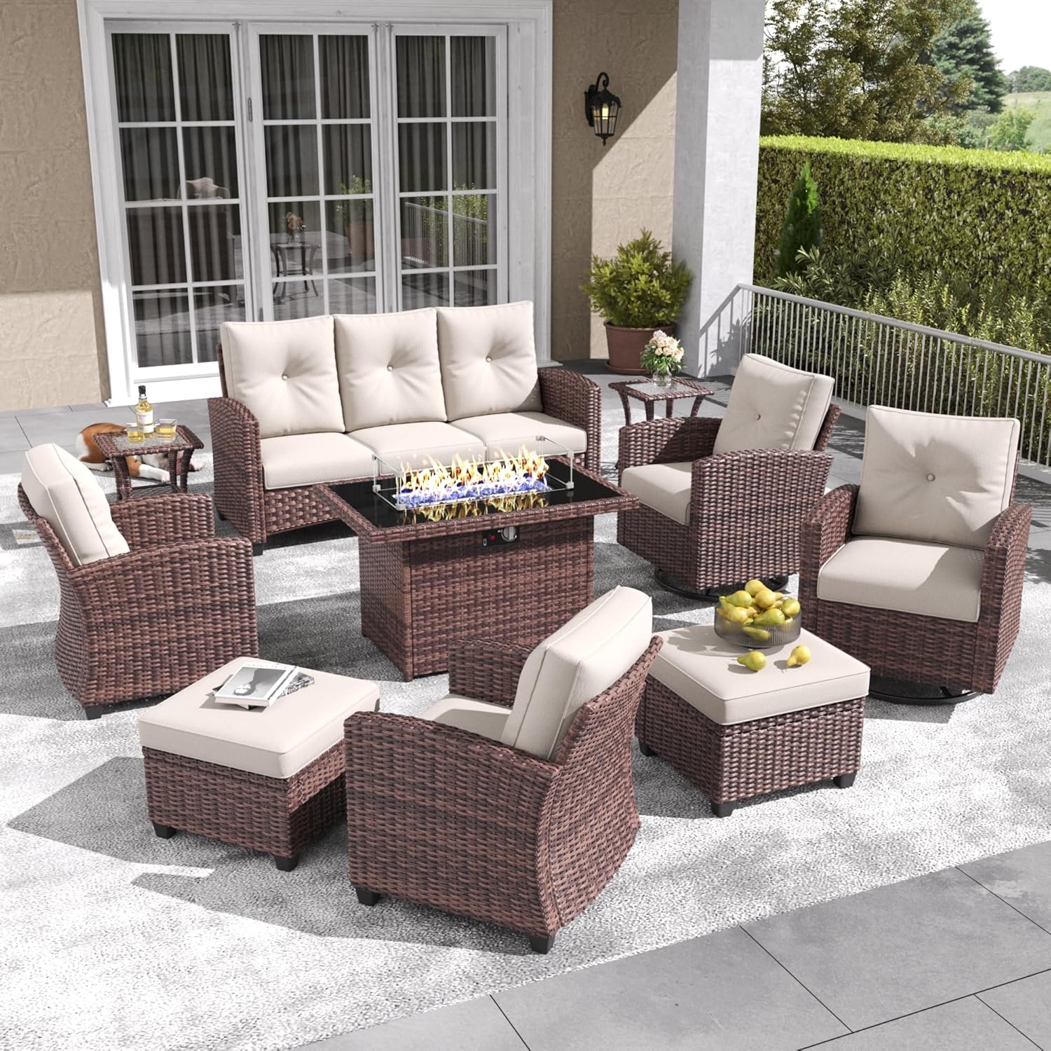LayinSun 10 Pieces Patio Furniture Set with Swivel Chairs, Rattan Wicker Rocking Glide Chairs with 44
