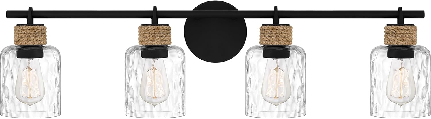 Quoizel Naturals Baltic Modern Vanity Lights, 33.75 Inch 4-Light Coastal Matte Black & Clear Water Glass Bathroom Lighting Fixtures Over Mirror, Wall Mount Light for Bathroom, Kitchen or Hallway