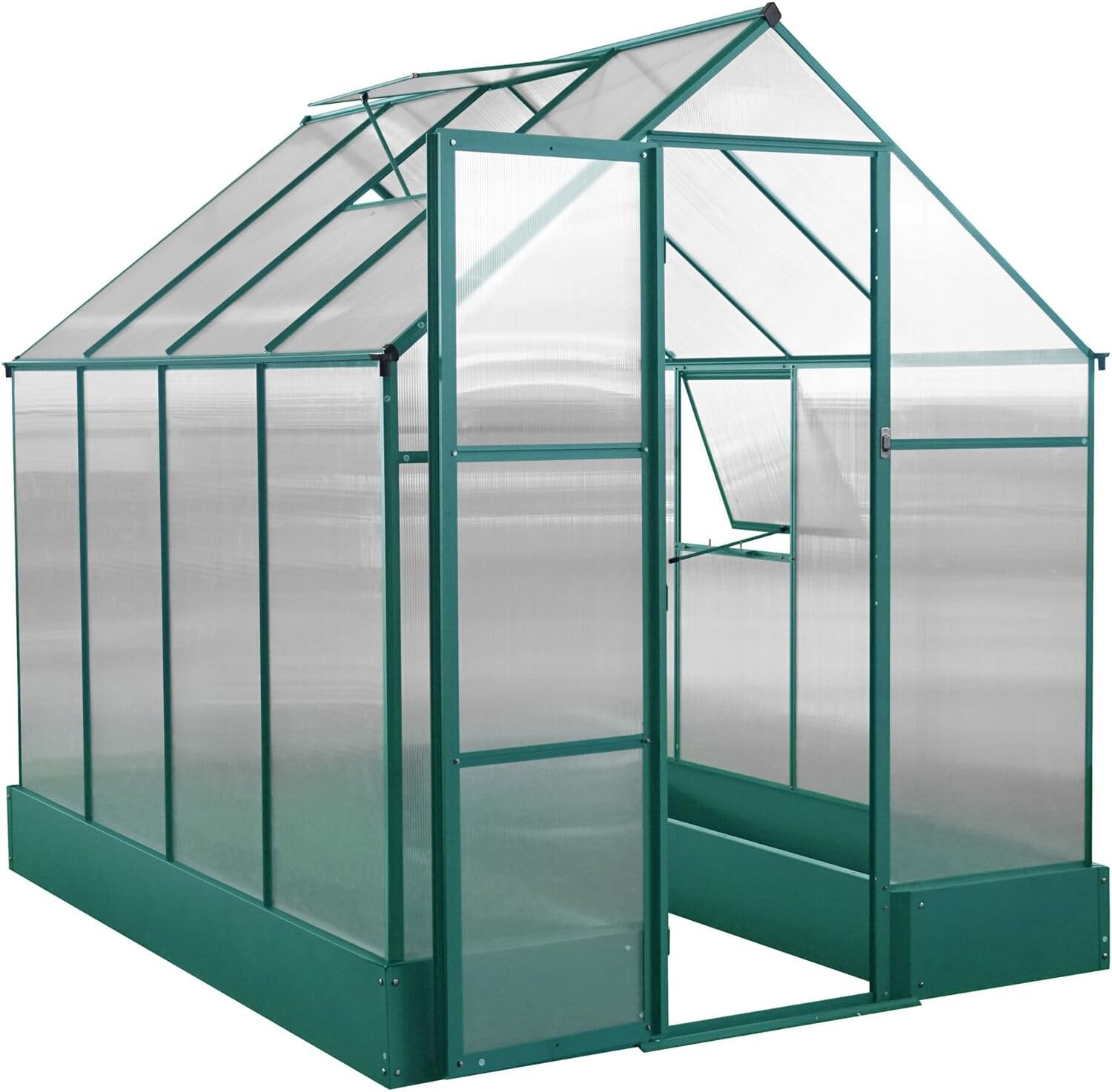 Hanover 8-Ft. x 6-Ft. Polycarbonate Walk-In Greenhouse with Planter Beds, Galvanized Steel Base, Aluminum Frame, Window and Roof Vent, Weather Resistant Flower House for Backyard or Garden