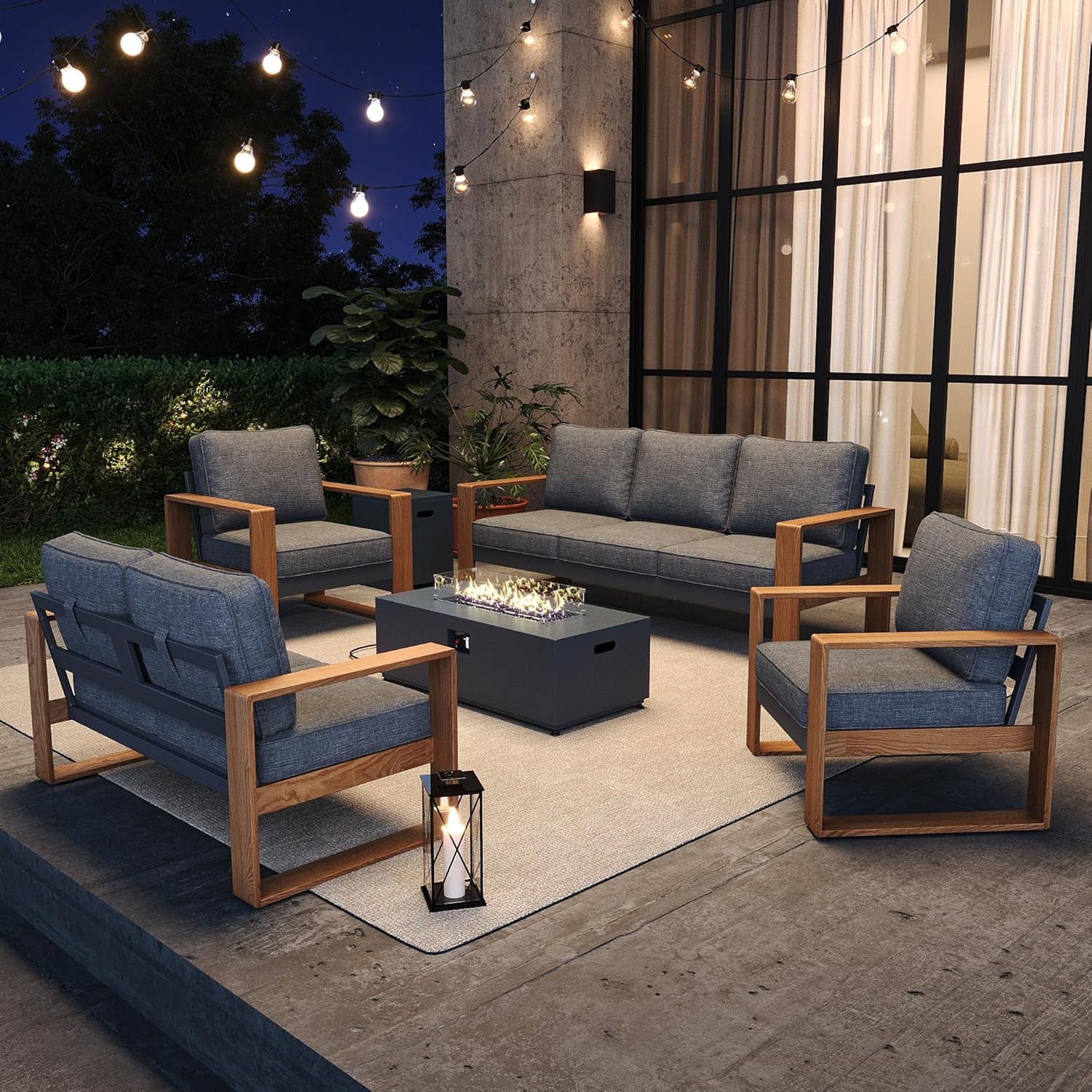 5 Pieces Aluminum Patio Furniture Set, Outdoor Conversation Sets with High Backrest Sofa and Fire Pit Table for Garden and Backyard