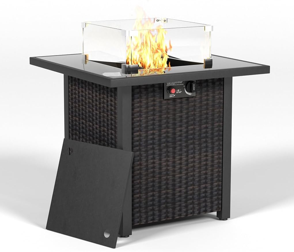 28 Inch Propane Fire Pit Table, Rattan Wicker Look, 50000 BTU Gas Firepits Tempered Glass Tabletop with Glass Windscreen Protector for Outside Patio and Garden(Brown)