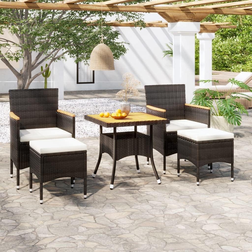 5-Piece Garden Dining Set, Black Cream White Poly Rattan Square Table, 4 Cushioned Chairs, Outdoor Patio Furniture for Balcony, Terrace