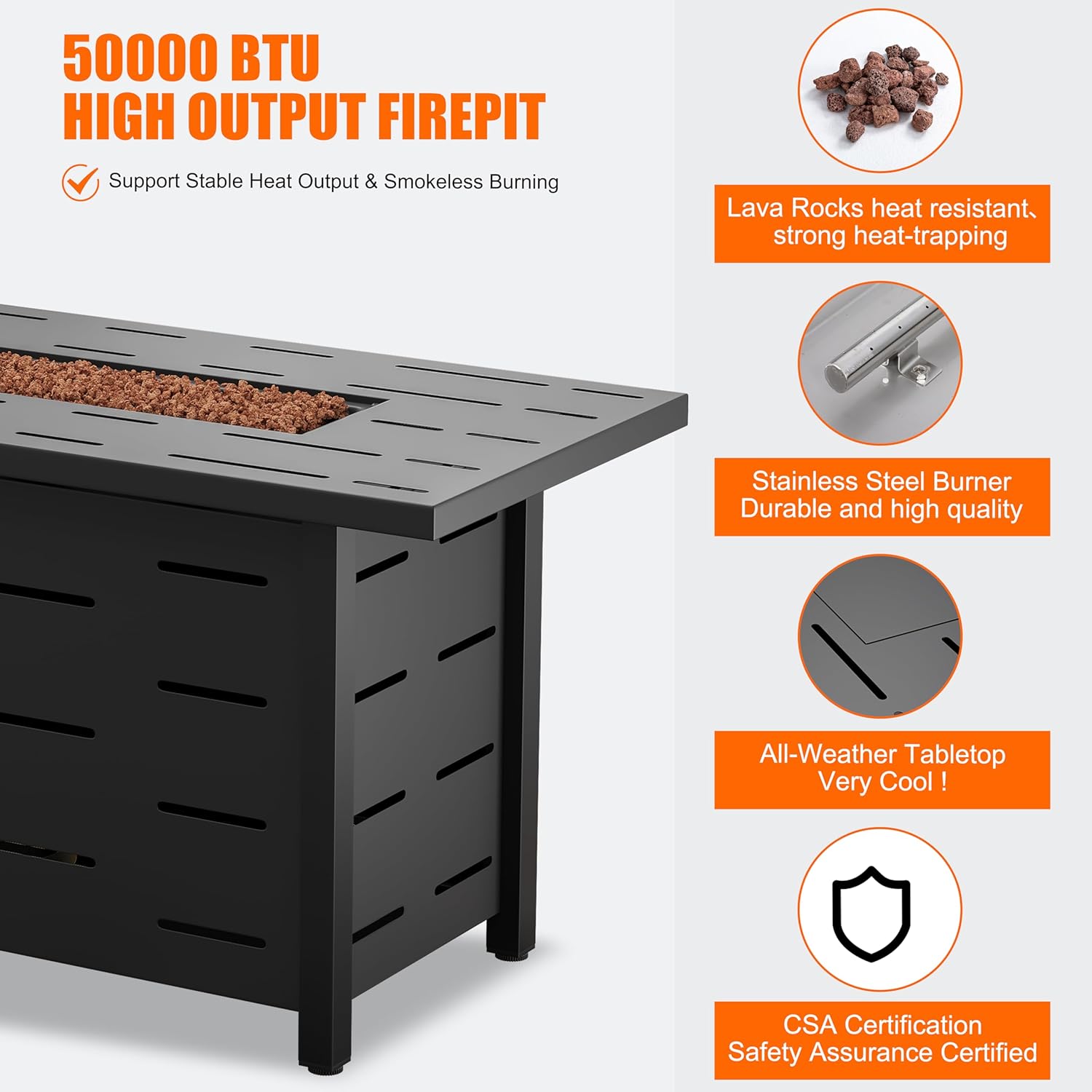 Walsunny 43 inch Outdoor Propane Fire Pit 50,000 BTU Gas Fire Pit Table with Lid, Waterproof Cover, Rectangle Gas Firepit Table for Garden/Patio, CSA Certification