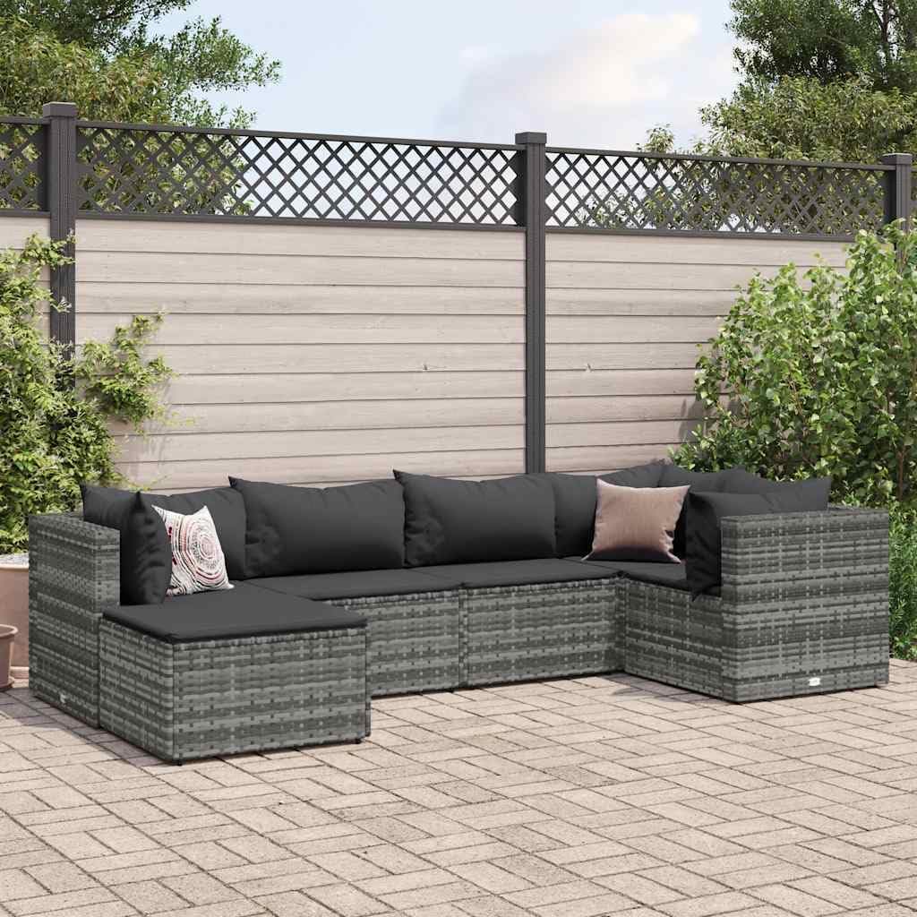 Patio Set 6 Piece Patio Lounge Set with Cushions Gray Poly Rattan