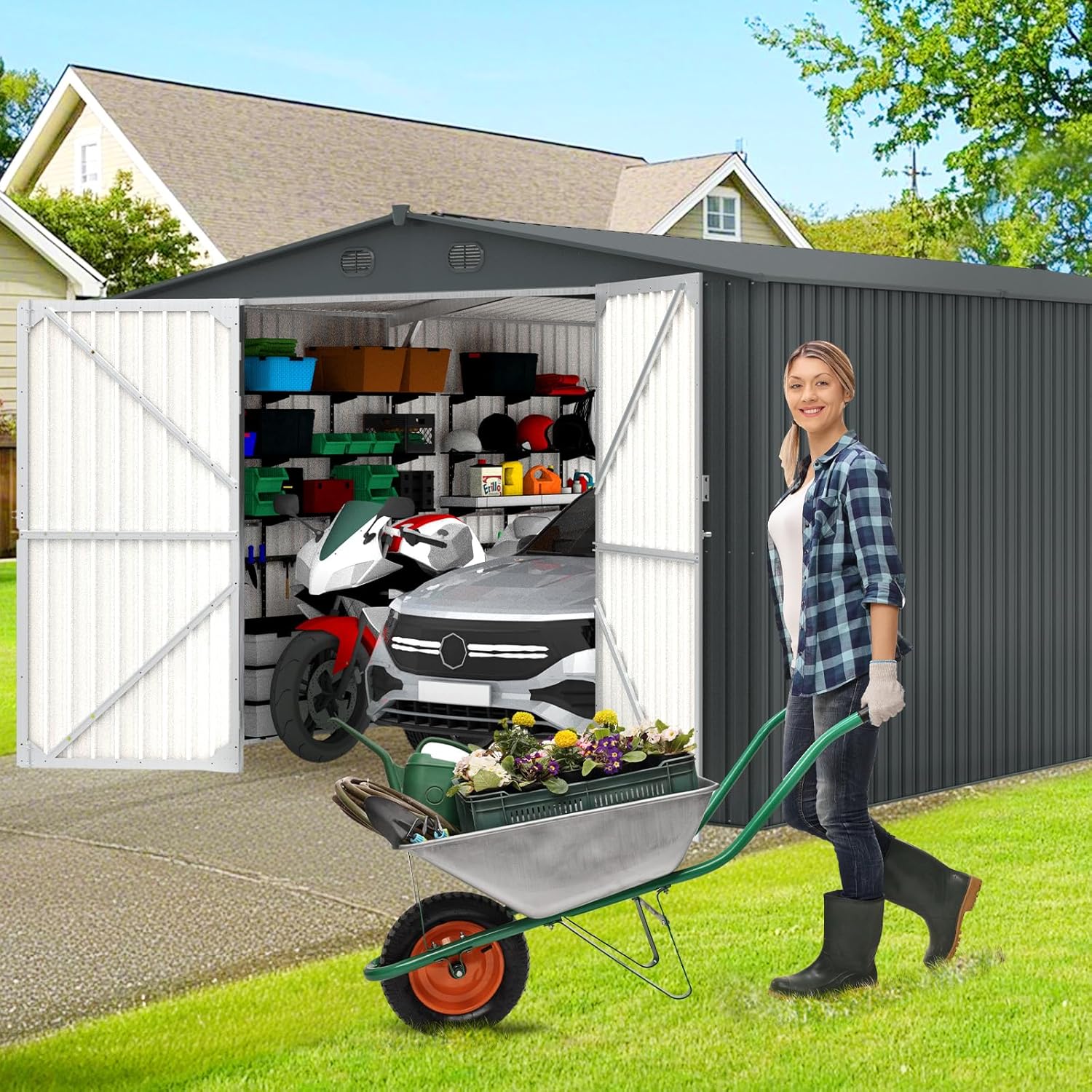 CHERY INDUSTRIAL.COM 13x20ft Outdoor Storage Shed Metal Waterproof Garden Tool Shed with Lockable Door Ventilation for Grass Cutter for Backyard Patio Storage Lawn Mower Bike