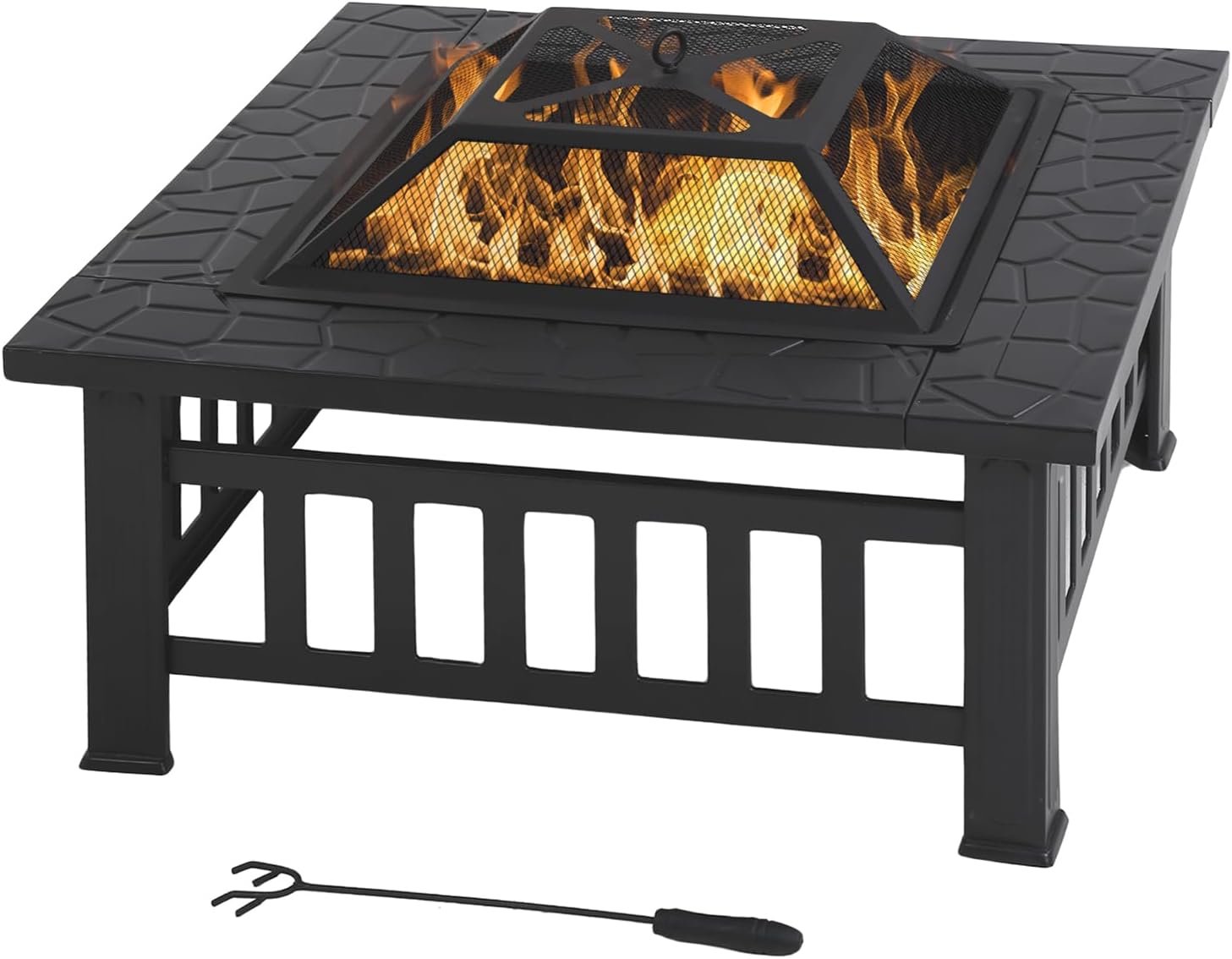 Fire Pit Table Square Metal Firepit Stove Backyard Patio Garden Stove Fireplace Mesh Cover Poker for Camping, Outdoor Heating, Bonfire and Picnic,32in