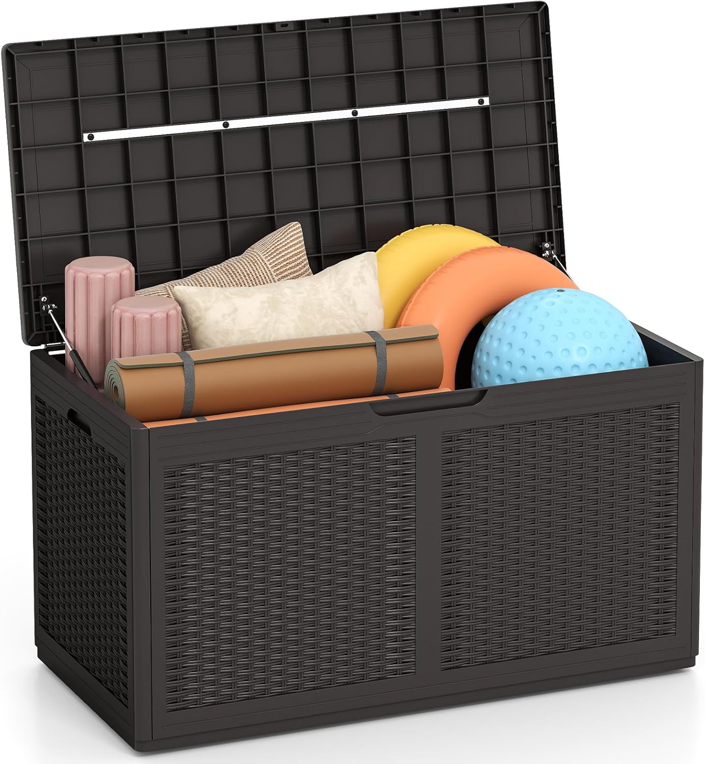 Giantex 100 Gallon Resin Outdoor Storage Box, Waterproof Deck Box w/Lockable Lid & Wheels, Rattan Storage Container Bench for Patio Cushions, Pool Accessories, Gardening Tools, 440 lbs (Brown)