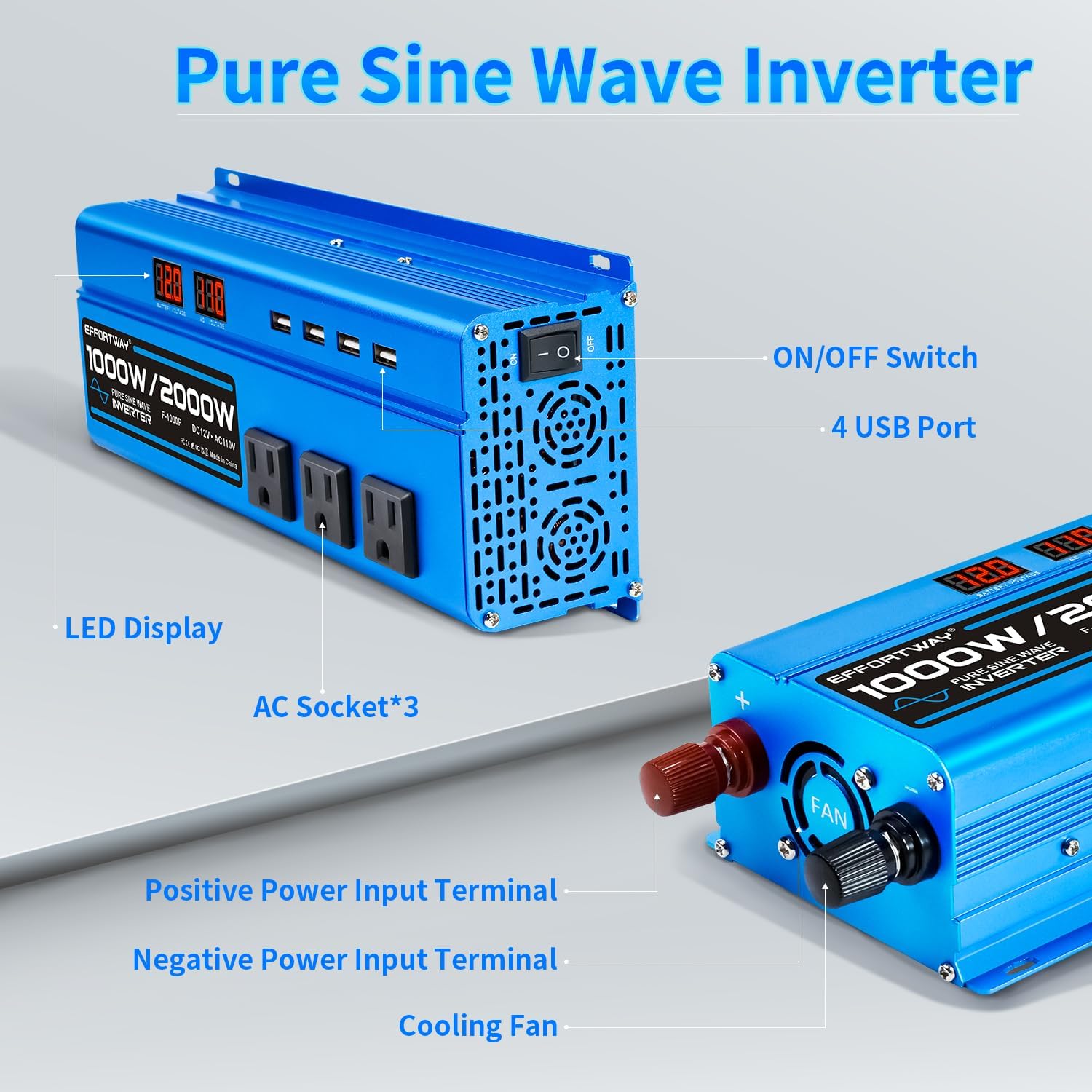 1000W Pure Sine Wave Inverter DC 12V to AC 110V/120V Converter 2000w (Peak) Car Power Converter with 3 AC Outlets, 4USB Port,Power Inverter for Car, Truck, Home, Vehicles, Laptop