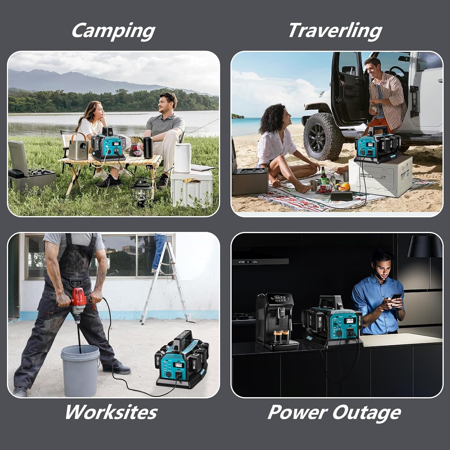 1200W Power Inverter & 6A Rapid Charger for Makita 18V Battery – 6-Port DC to AC 120V Converter, 3 USB-A + 3 USB-C, 300lm LED Light for Camping, Travel, Emergencies(Battery not Included)