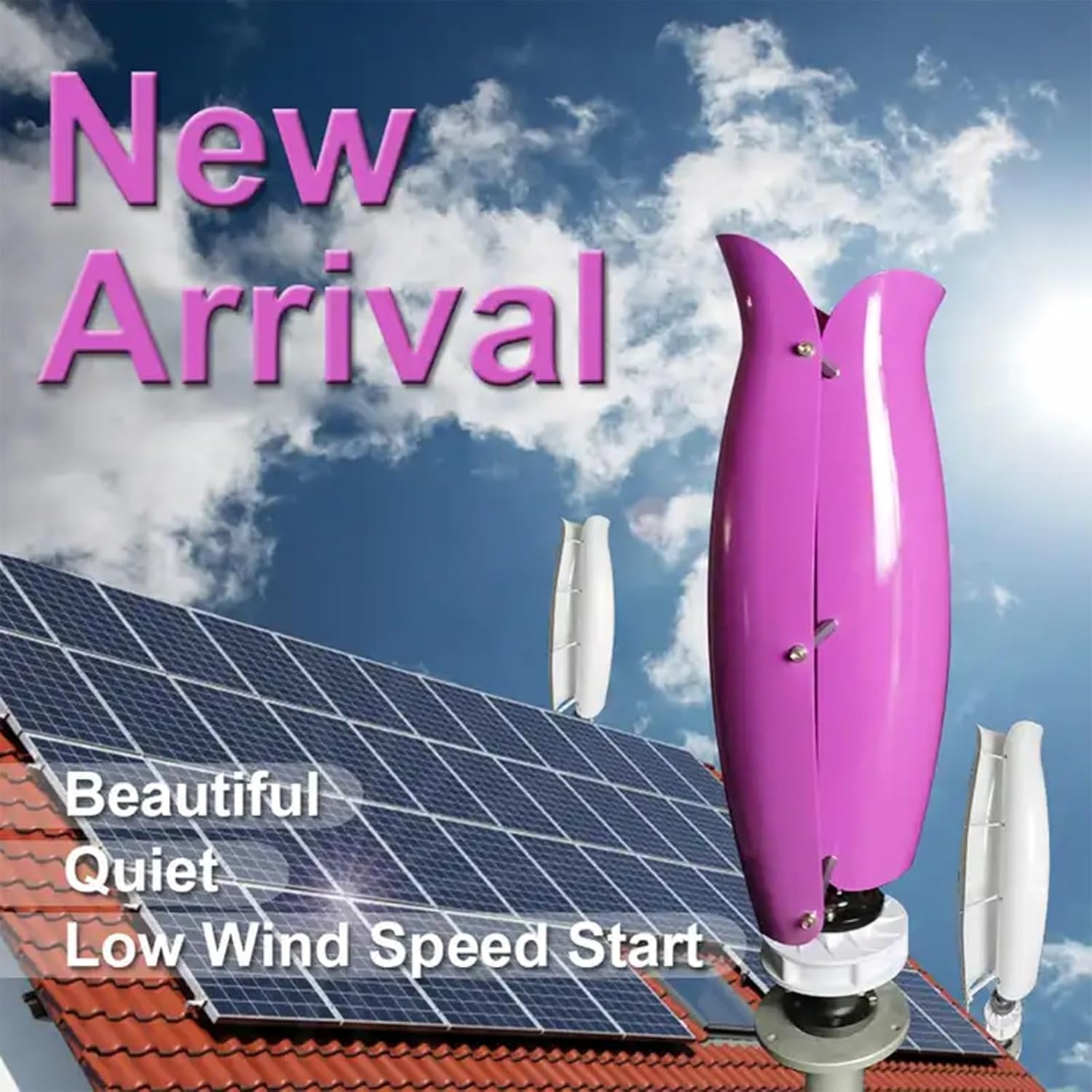 Tulip Type Vertical Wind Turbine 1500W Small Wind Turbine 12V/24V Wind and Solar Complementary Power Supply System (Color : Purple, Size : 12V)
