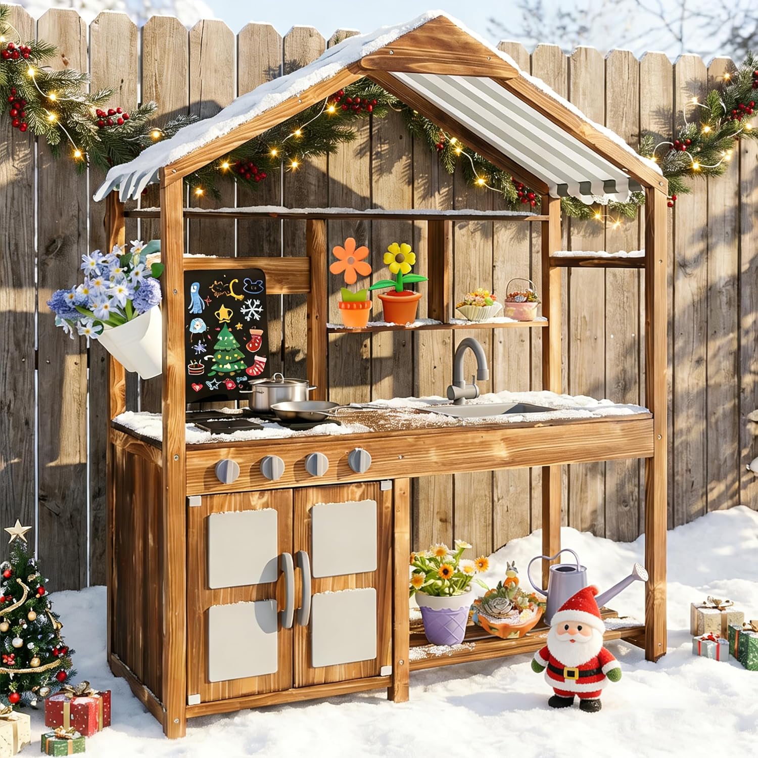 KOTEK Mud Kitchen with Canopy, Outdoor Play Kitchen with Removable Sink, Chalkboard, 4 Stoves, Cooking Accessories & Storage Cabinet, Wooden Toy Kitchen Playset for Kids Age 3+