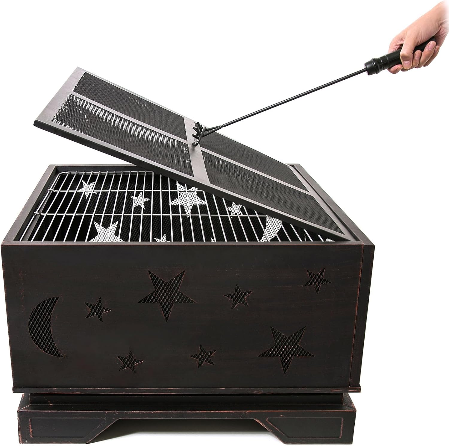 26 Inch Wood Fire Pits & Outdoor Fireplaces with Poker, Patio Fire Pit with Grill, Square Firepits for Outside, Backyard, Camping, BBQ,Steel, Heavy Duty