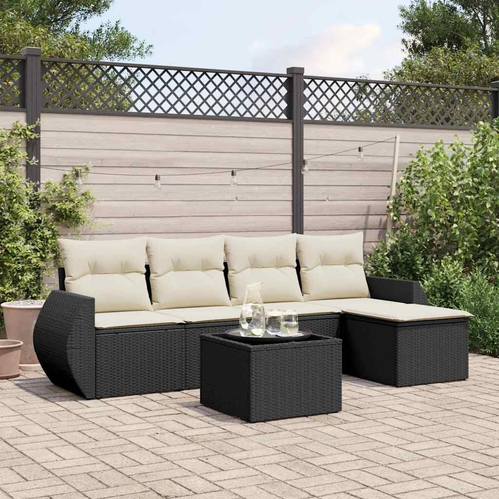 6-Piece Black Poly Rattan Modular Garden Sofa Set, Large Outdoor Patio Furniture Set with UV-Resistant Cushions, Weatherproof Seating for Backyard & Balcony Relaxation