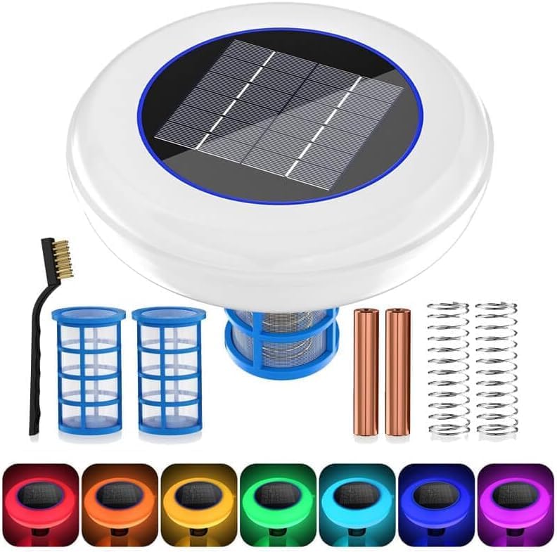 Solar Powered Pool Ionizer with LED Light - Comes with 2 Sets of Filter Copper Rod Accessories, Floating Pool Cleaner for Swimming Pools Up to 45,000 Gallons, Clear Water with Minimal Effort