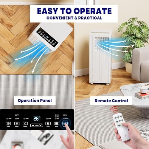 8000 BTU Smart Portable Air Conditioner for Rooms Up to 350 Sq. Ft. Energy Efficient Cooling with Remote Control, Multiple Wind Speeds, 24H Timer, LED Display - Easy Move Wheels for Home, Office